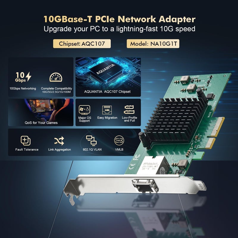 Binardat 10G PCIe Network Adapter, AQUANTIA AQC107 chip LAN Ethernet Controller, 10G/5G/2.5G/1G/100Mbps RJ45 NIC Card,Support PXE for Windows/Linux - Image 2